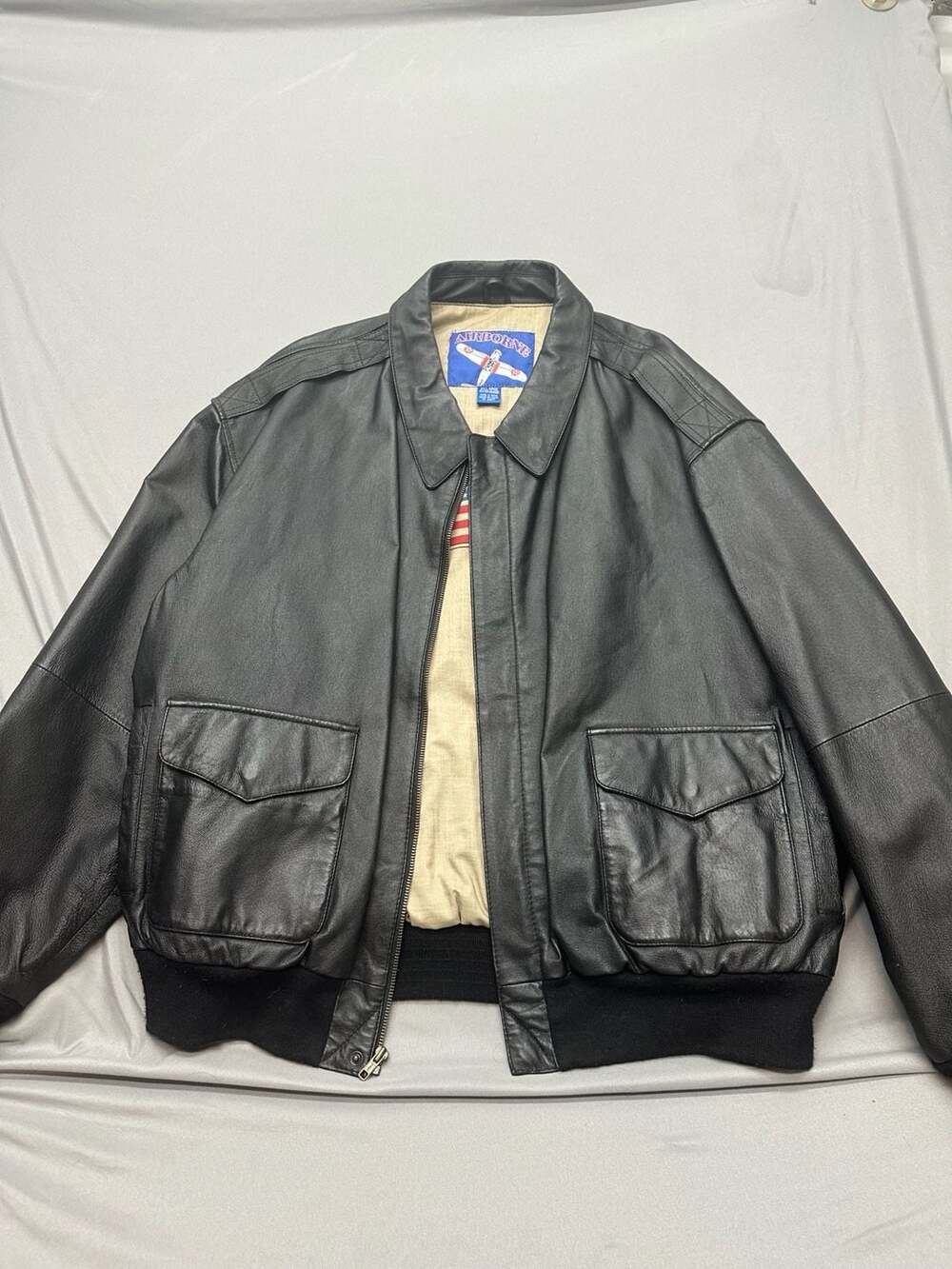 Airborne Black Leather Flight Bomber Jacket Interior Lining Men's 2XL